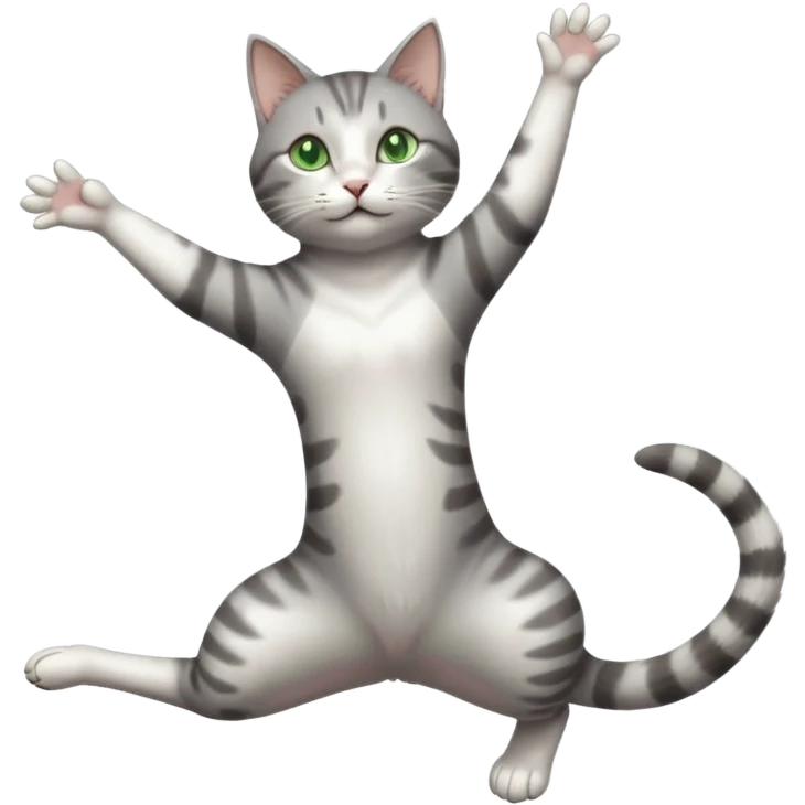 grey and white cat with green eyes doing a big extremely long stretch reaching up into the air with arms and legs side by side together straight and overextended whilst lying on its side emoji
