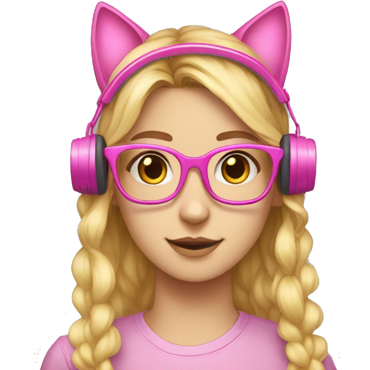 Nerd with pink glasses and long blond hairs and pink headset with cat ears emoji