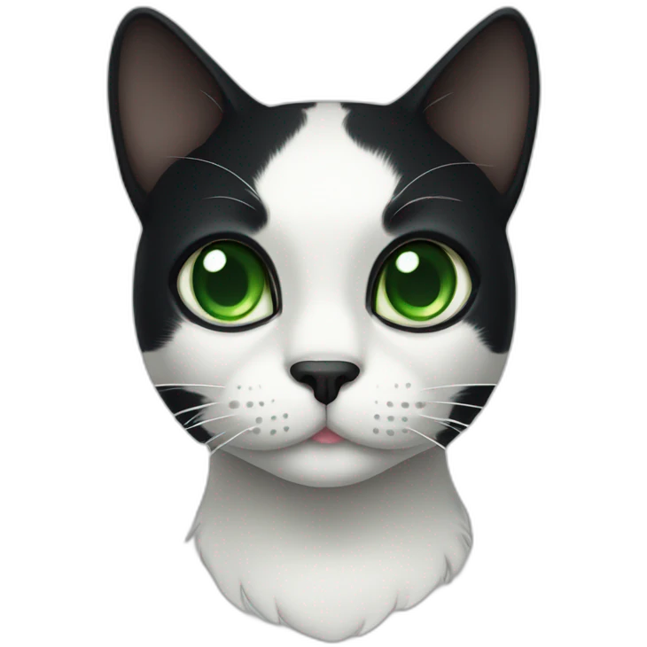 A black cat with green eyes with a white mustache and white spots in full height emoji