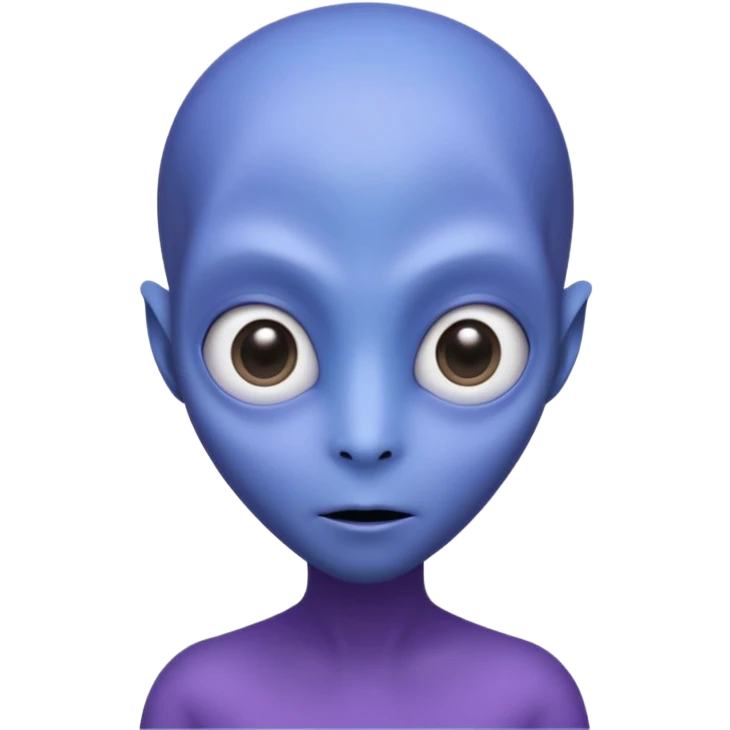 Portrait of an alien with smooth purple-blue skin, large black oval eyes, small nose, and no visible ears, elongated head, front-facing, wearing brown t-shirt, soft glow, simple futuristic design emoji