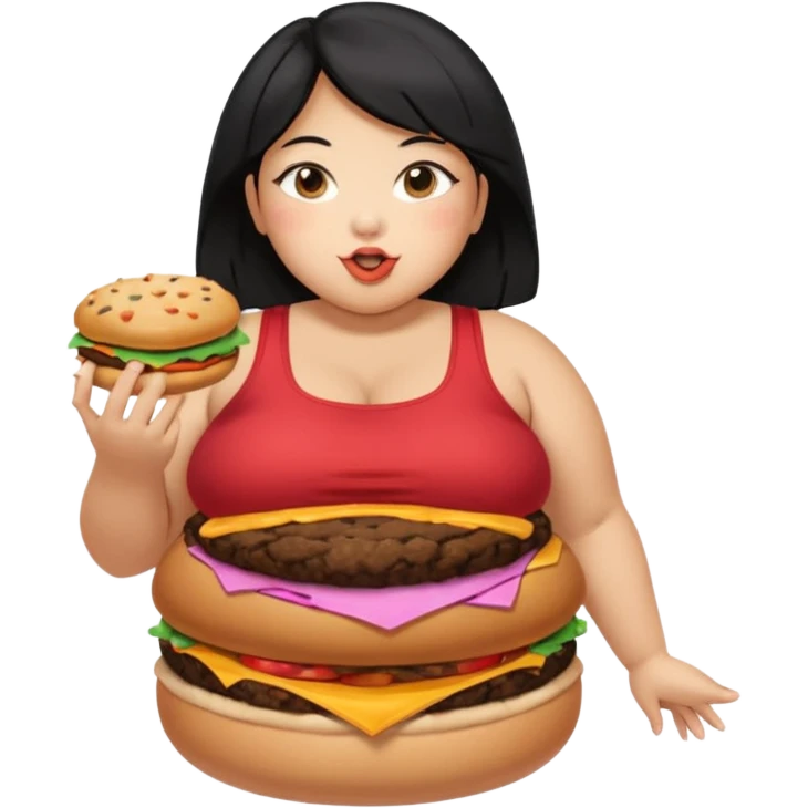create a humongous asian girl with black hair, with 2 burgers and a cookie in her mouth, she is super obese, please make her a full body emoji, mega huge tummy   emoji