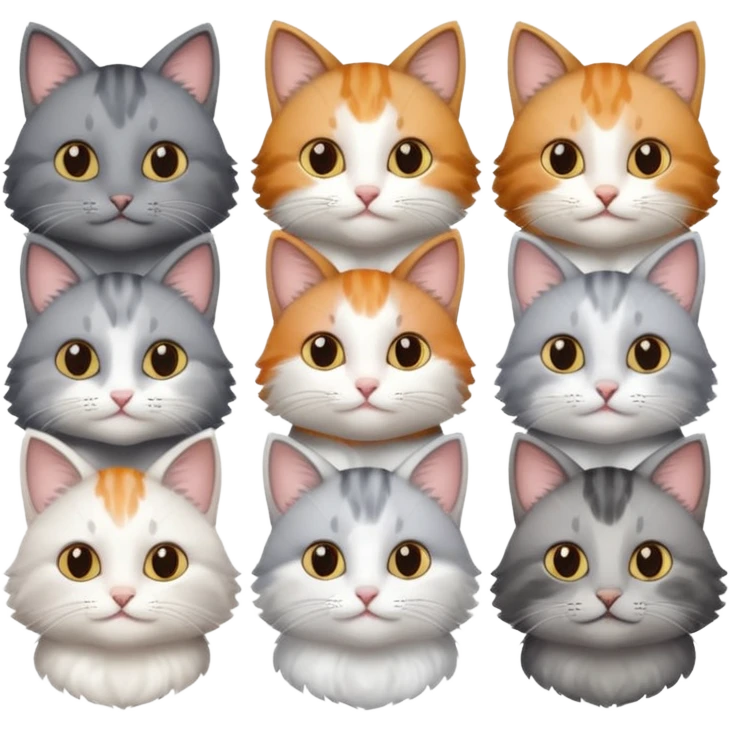 6 realistic looking cats with different natural coloured coats, assorted grey and white, greys, calicos etc
 emoji