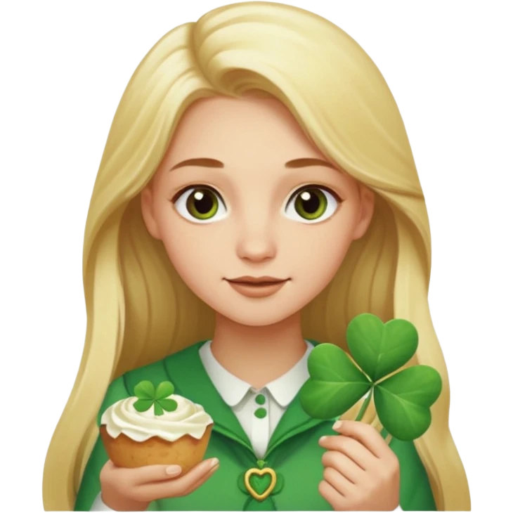 금발 긴머리, 연한갈색 눈썹, 네잎클로버 좋아하고, 디저트 좋아하고 emoji