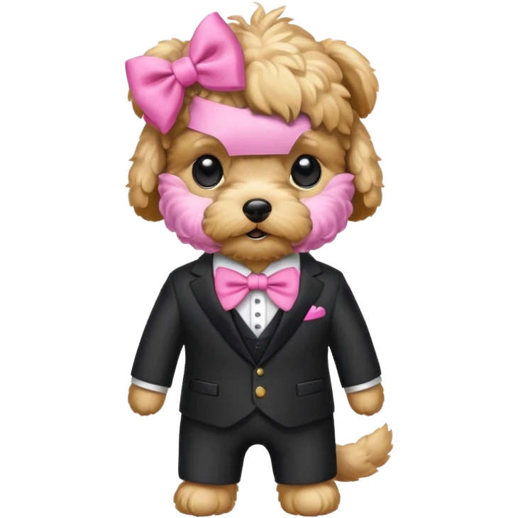 Golden maltipoo dog with pink bow k bow that is very poise make it have a suit on emoji