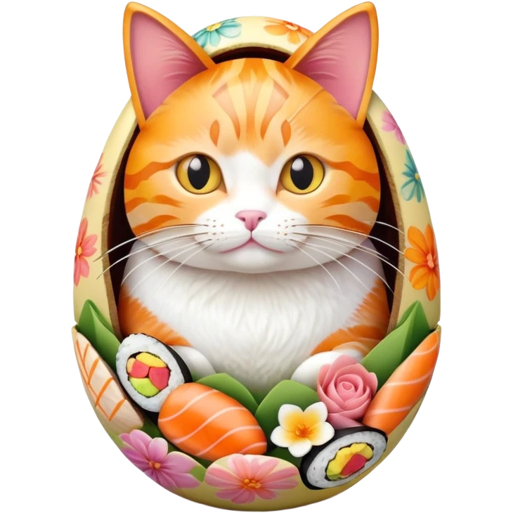 cat sitting in a decorated Easter egg made of sushi, colorful Easter patterns on the sushi egg emoji