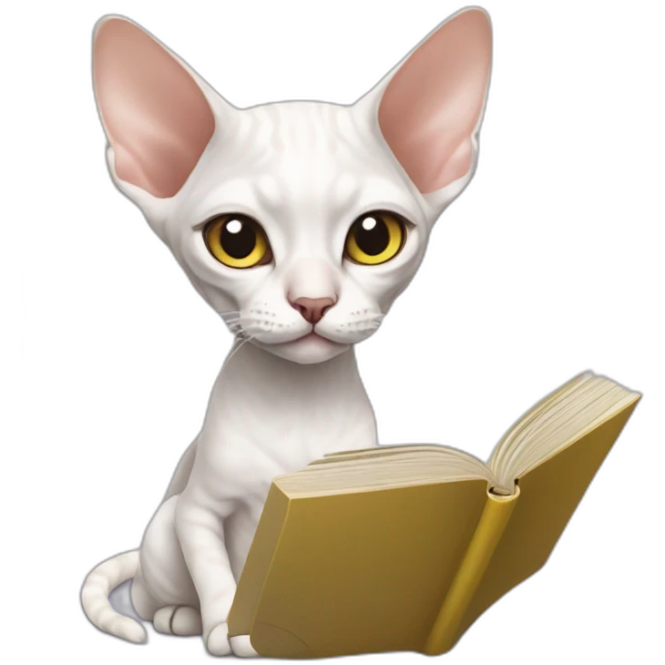 Slim white devon rex with grey eyes reading book emoji