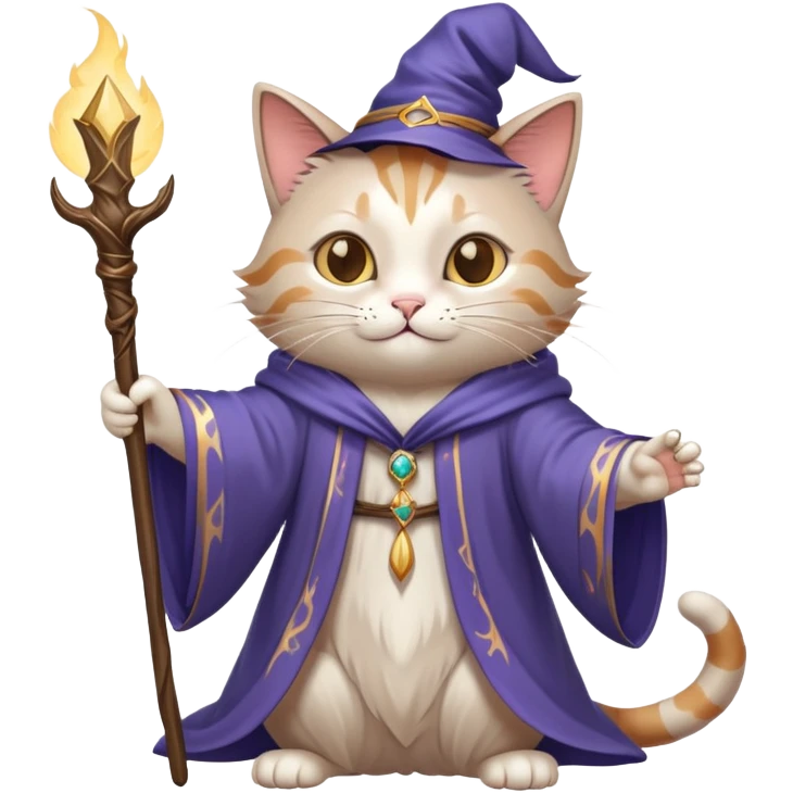 A cat wizard casting a spell with magical staff and flowing robes emoji