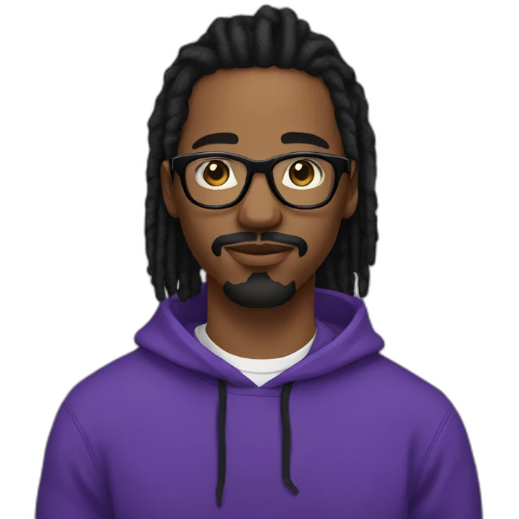 Single young with mustache Black digital creator with glasses and black locs and purple sweatshirt emoji