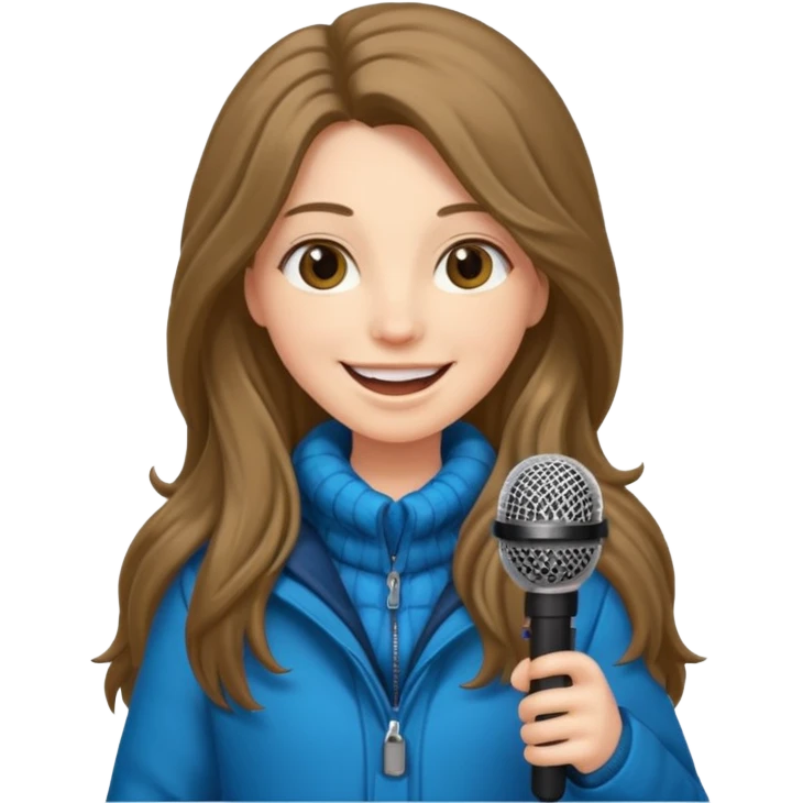 long haired woman with winter clothes holding microphone emoji