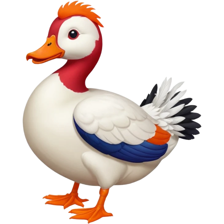 Muscovy Duck, simple emoji style, sitting pose, white feathers, red face, orange feet emoji