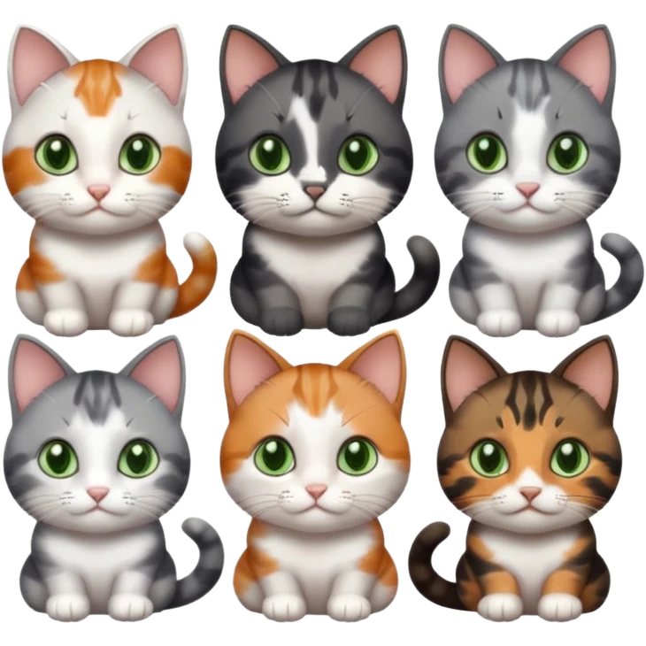 6 different coloured small cats including a dark grey and white, and a patchy calico, and a brown tabby and white,  and a completely solid dark grey with green eyes and only white paws emoji