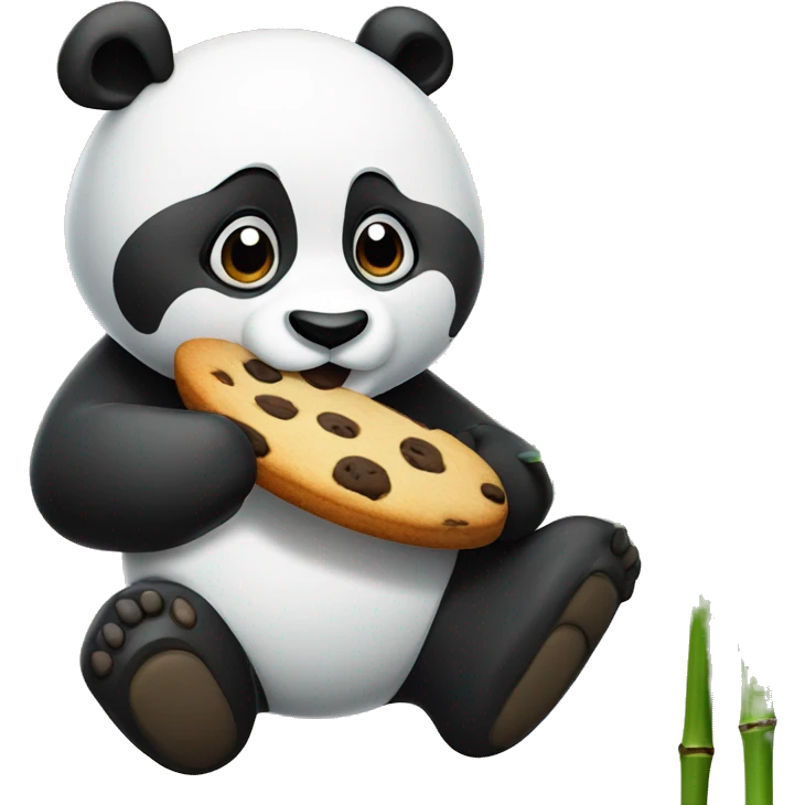 A panda waving hand with a cookieand bamboo in the background emoji