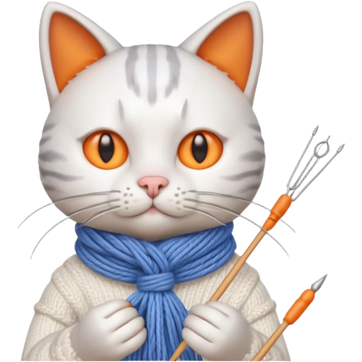 knitting cat portrait, head and shoulders only, cute cat holding knitting needles and yarn, cozy expression, warm handmade vibe, 3D cartoon style, mobile game icon style, clean background, no text, no watermark
 emoji