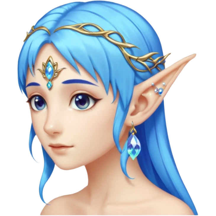 portrait of blue haired Elvish fae shiny sparkly iridescent translucent diaphanous ear climber ear cuff emoji