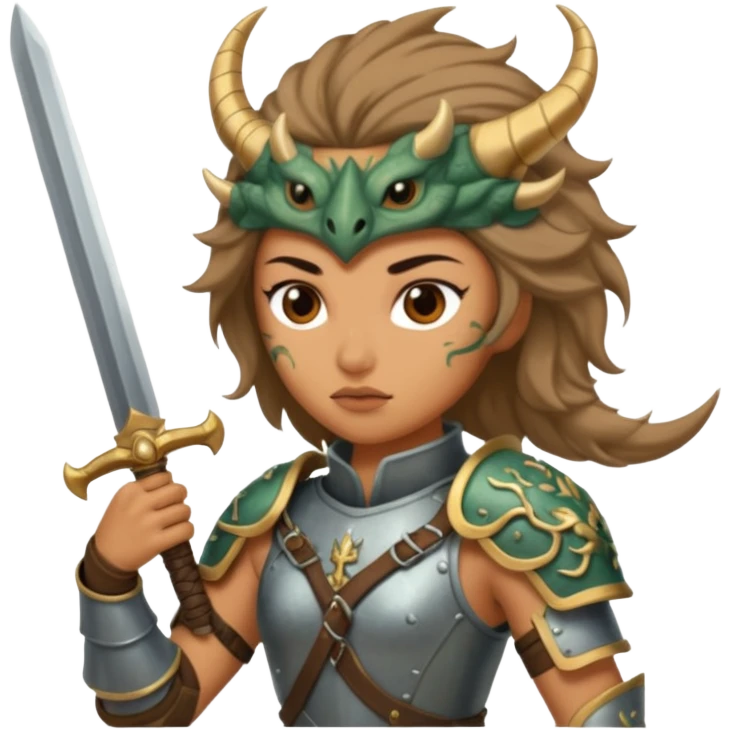 Fierce Latina in armor with a sword after a battle cutting off the head of a hydra emoji