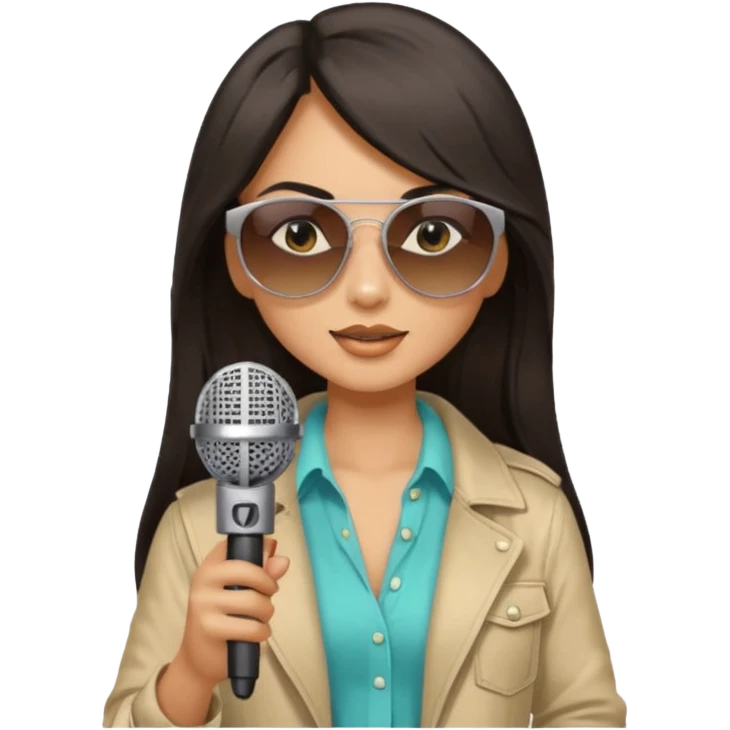 dark long haired woman with summer clothes and sun glasses holding microphone emoji