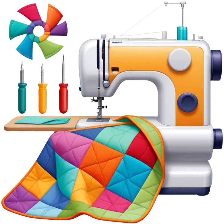 Patchwork and quilting icon, colorful fabric patches sewn together in a quilt pattern, sewing needle and thread, quilting tools like rotary cutter and quilting hoop, minimalistic style, clean lines, transparent background. emoji
