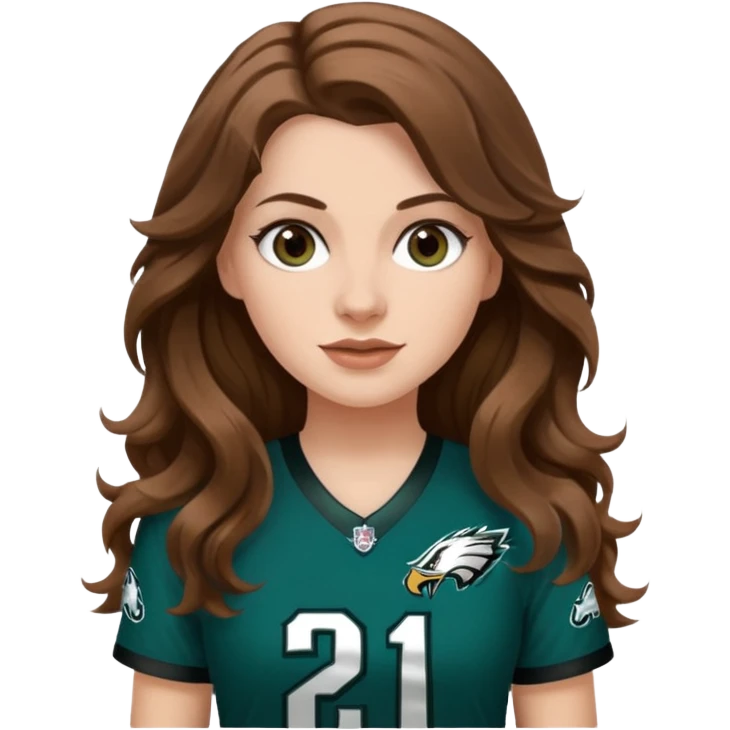White girl with long brown wavy hair earring a Philadelphia eagles jersey emoji