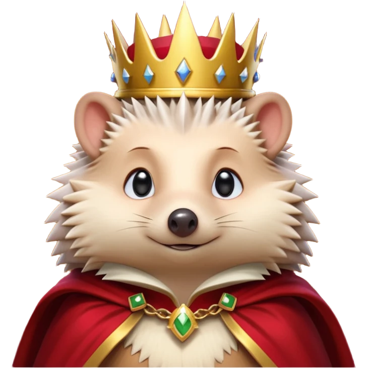 king hedgehog portrait, head and shoulders only, wearing a small golden crown, royal cape collar, proud confident expression, cute spiky fur details, fantasy royal vibe, 3D cartoon, mobile game icon style, clean background, no text, no watermark
 emoji