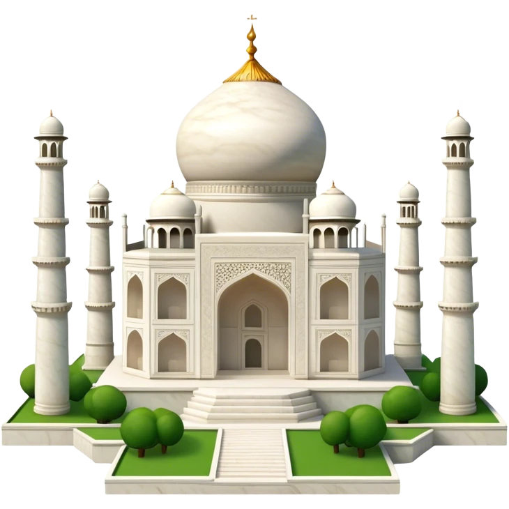 Cinematic Realistic Taj Mahal Landmark Emoji, depicted as the iconic marble mausoleum set amidst lush gardens rendered with intricate detail and ethereal, soft lighting. emoji
