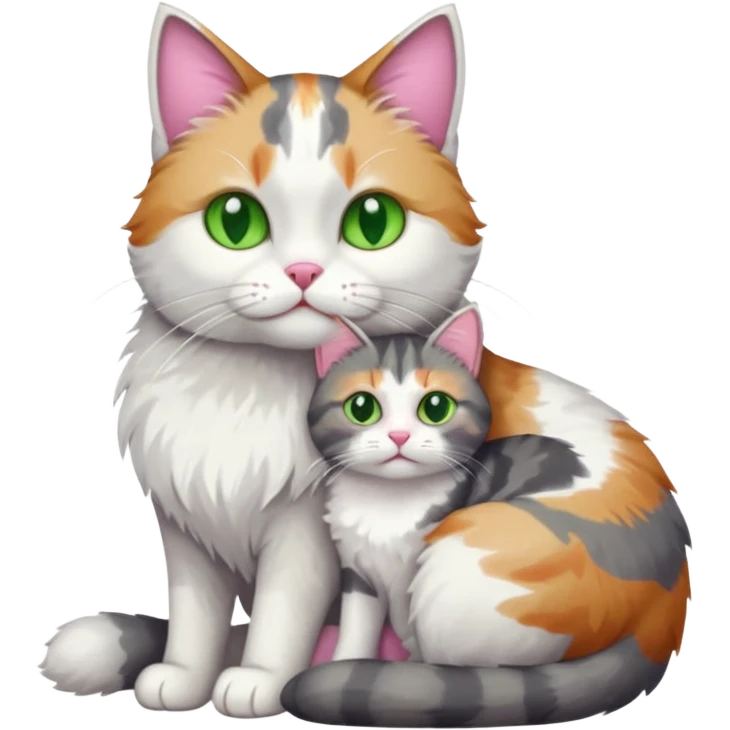 full body colourful light patched calico + white tabby cat cuddling a large grey and white cat  emoji