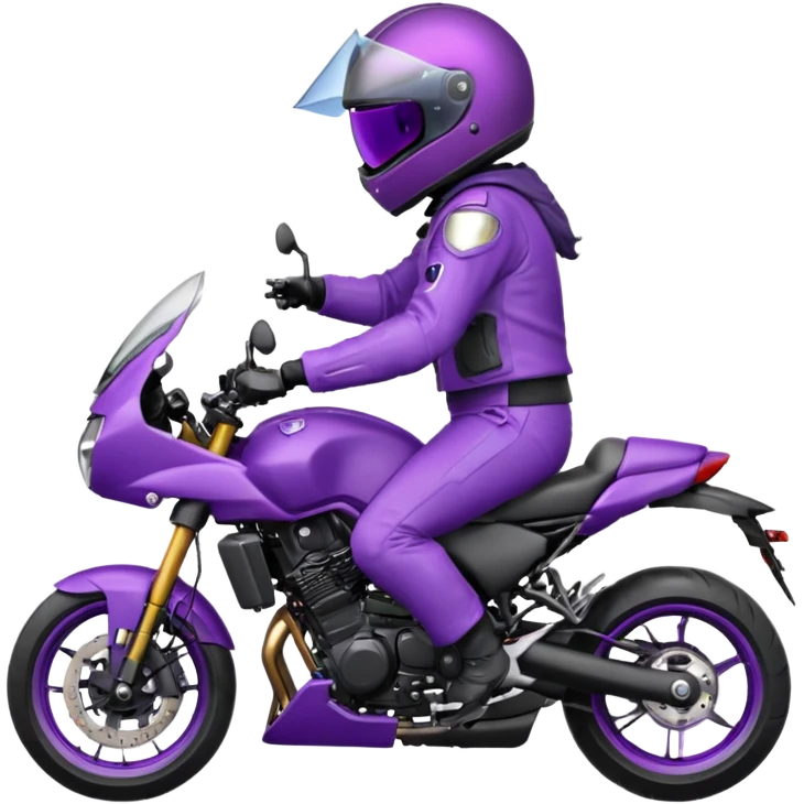 Créer un emoji avec une moto mt07 sport noir mate / violet iridescent très foncé. Avec une pilote dessus visière violet sombre faceless, bulle de la moto violet. Avec fond arrière violet, tenue complète casque inclus violet  emoji