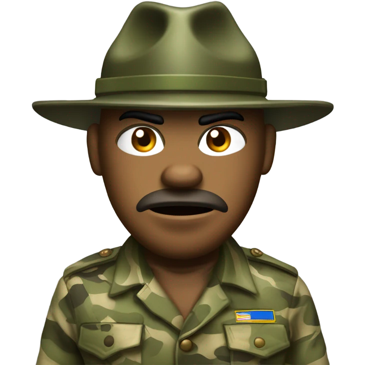 drill sergeant character wearing a classic sergeant hat and a camouflage army shirt. The character should have an angry intense expression. full torso emoji