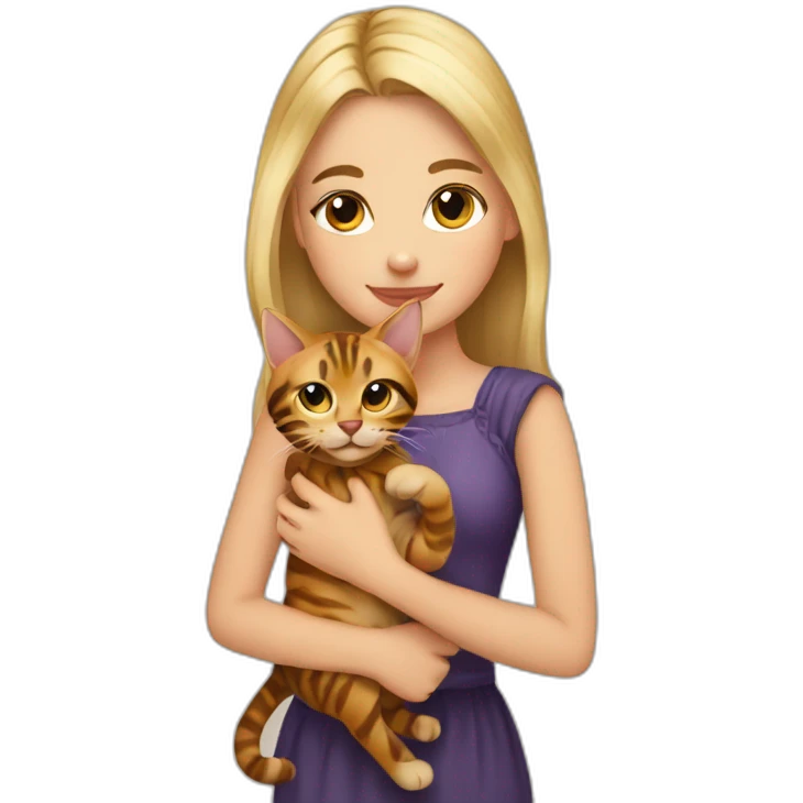 beautiful blonde girl holding a cat of bengal origin in her arms emoji
