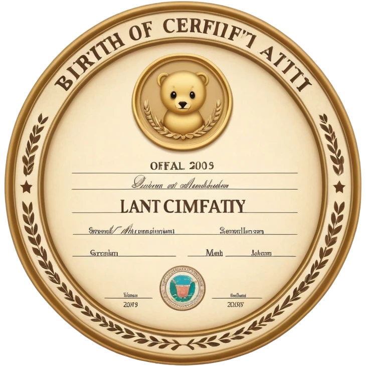 Birth certificate document with name, date of birth, and official seal emoji