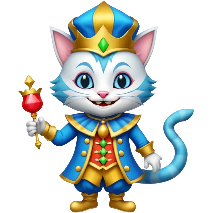 crazy colorful cute little cat jolly joker from poker, medieval, vintage, court jester, mac os icon, blue color emoji