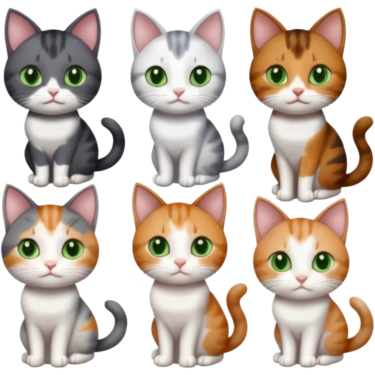 6 different coloured small cats including a dark grey and white, and a patchy calico, and a brown tabby and white,  and a completely solid dark grey with green eyes and only white paws emoji