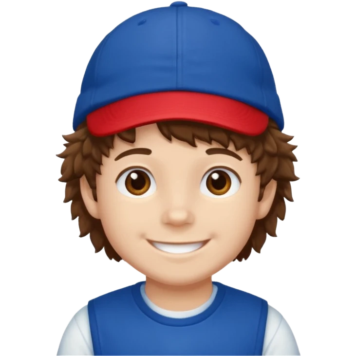 brown fluffy hair kid with blue and white cap dark blue jilet red t shirt emoji