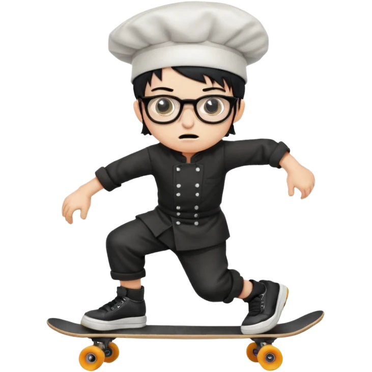 ["An angry boy  wearing a chef hat and square glasses, dressed in goth fashion, is skateboarding while holding a backpack."] emoji