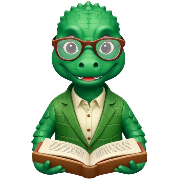 A claymation alligator with a book and glasses. The background is a solid white circle emoji