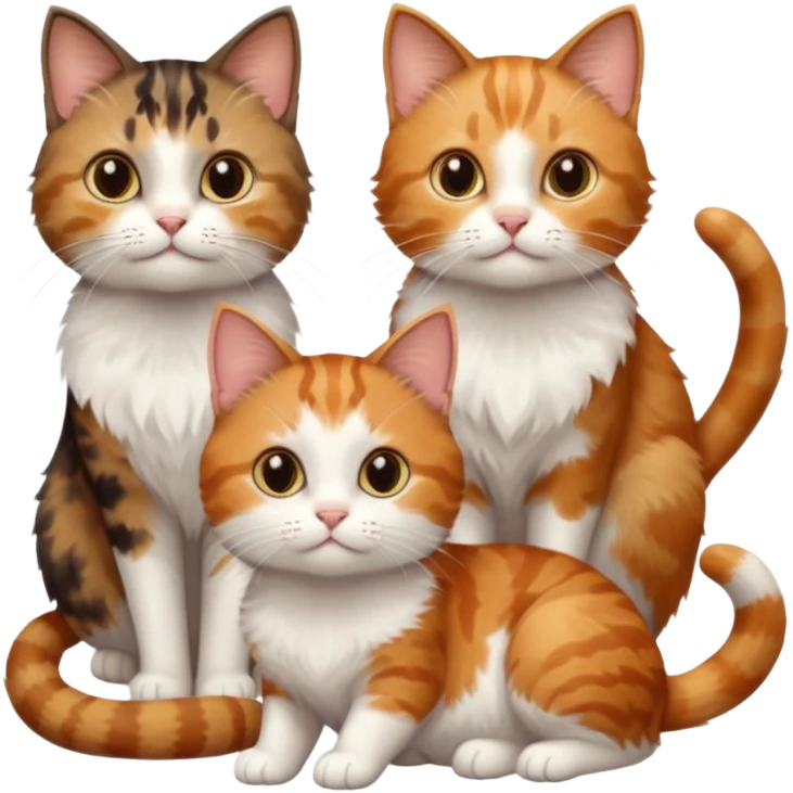 3 small cats different colours including brown tabby and white, patchy calico, and ginger and white emoji
