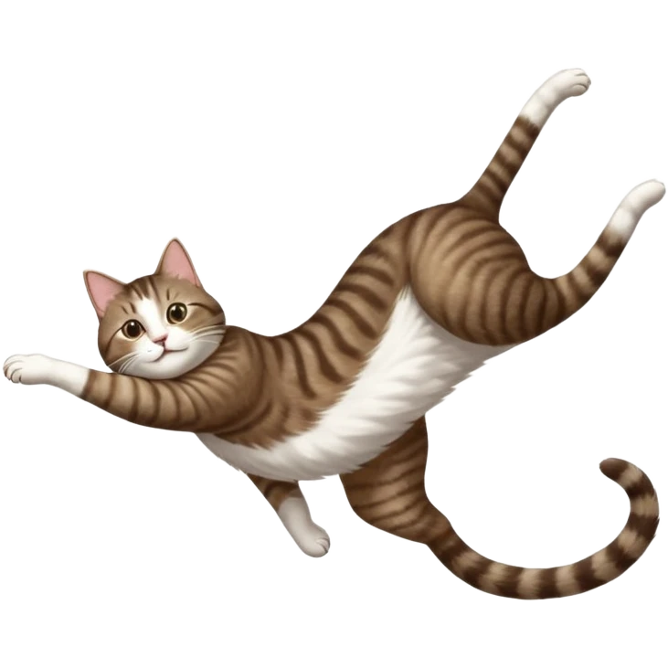 dark brown tabby and white cat with doing a big extremely long stretch reaching up into the air with arms and legs side by side together straight and overextended whilst lying on its side emoji