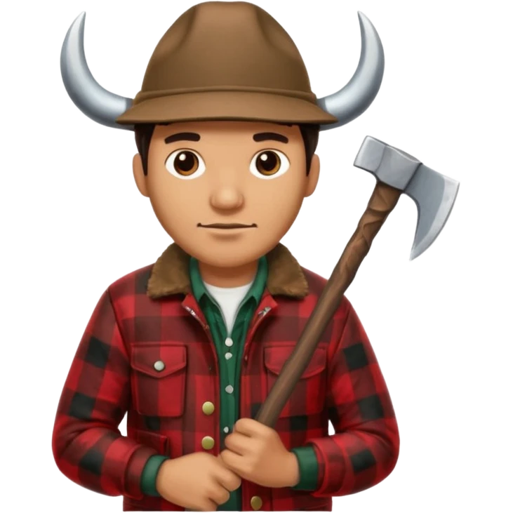 Man wearing buffalo plaid jacket and hat, with an 🪓  emoji