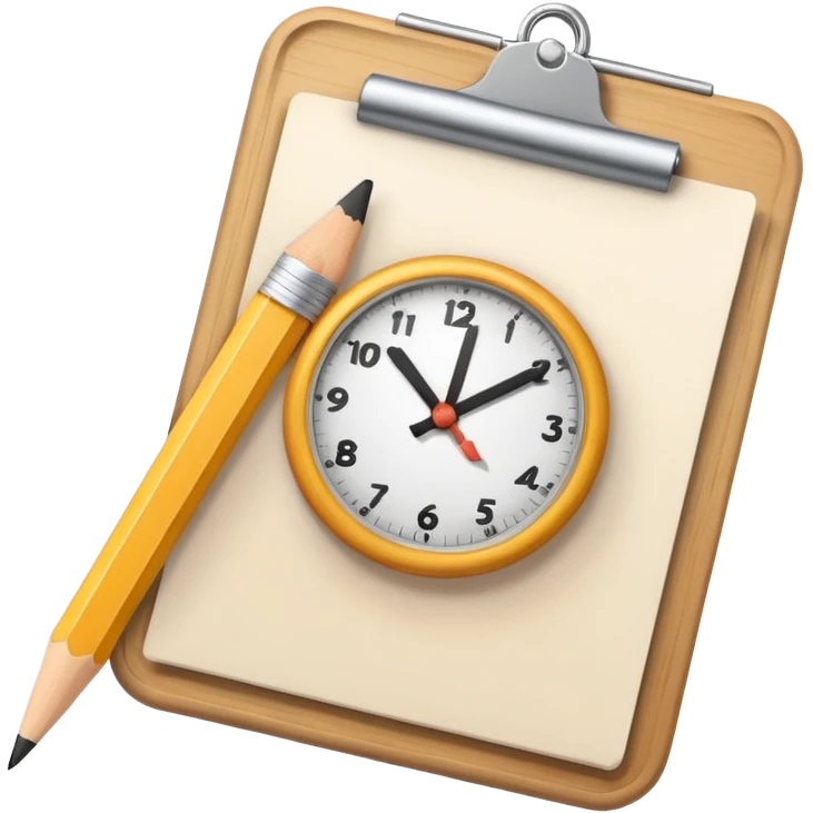 modern minimalistic emoji-style icon for 'Task 1' of a writing test, combining a document, a pencil, and a small clock to indicate a 20-minute limit, educational, simple emoji