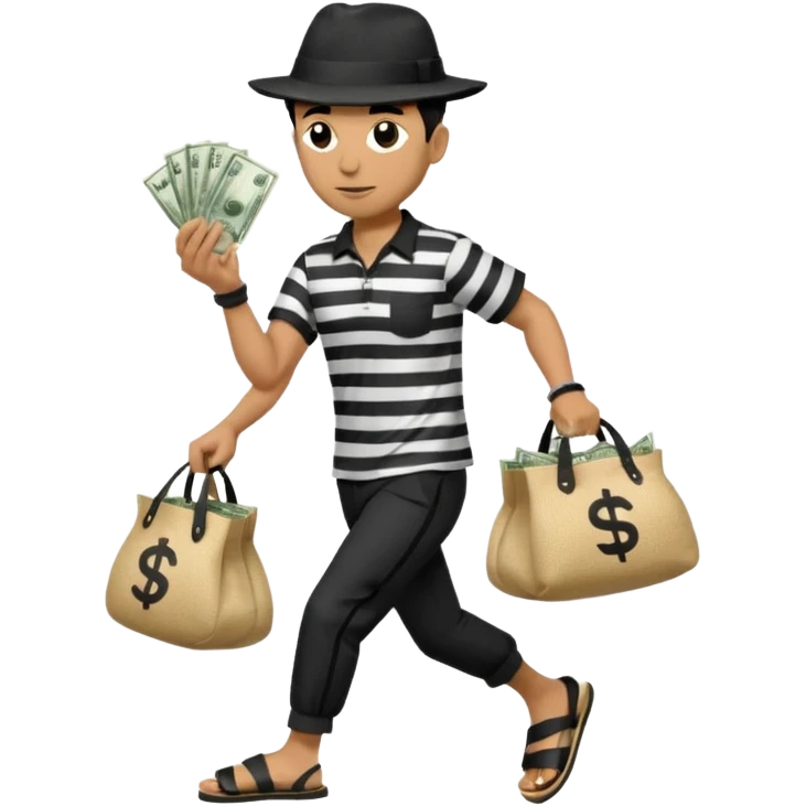 Make a man wear a black pant and he shirt is balck line and white line and wear a black hat and he holding a money bag and he running he wear a black eye thing no money in the Left hand and he yellow and the money bag in the right he wear a flip flop like this is Money bag 💰 NO MONEY emoji