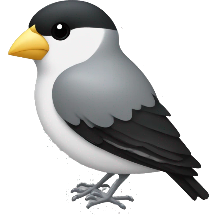 A finch with a white chest that has 2 black horizontal lines on it, black back of body, a silver beak and silver feet, with black eyes emoji