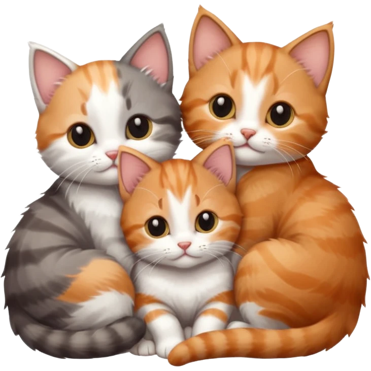 3 tiny kittens cuddling together all different colours, the first one is grey and white, the second is ginger and white and the third is brown tabby and white emoji
