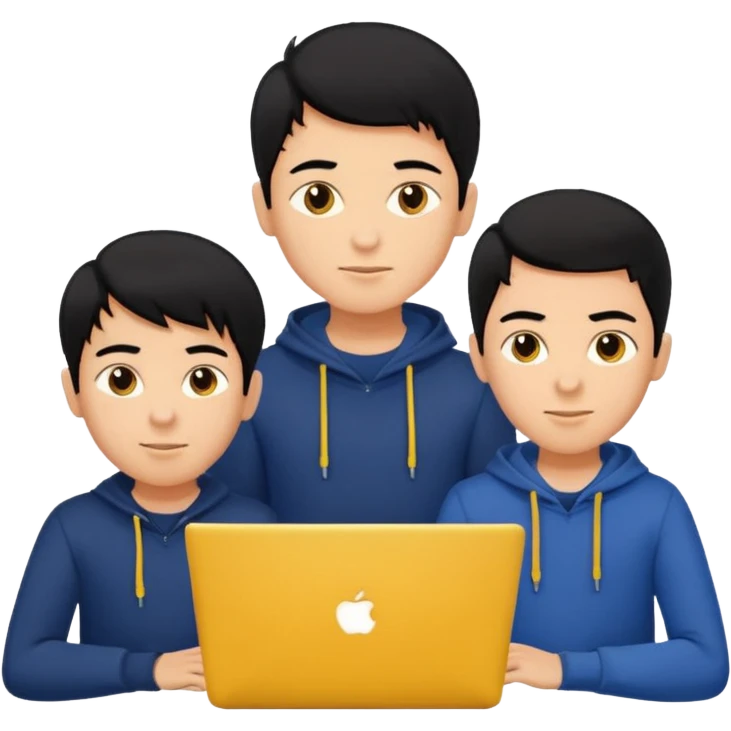 technologist using laptop coding with 2 other technologist color yellow three of it is boy  that using 3 laptop the hair is black and the cloth is dark blue emoji