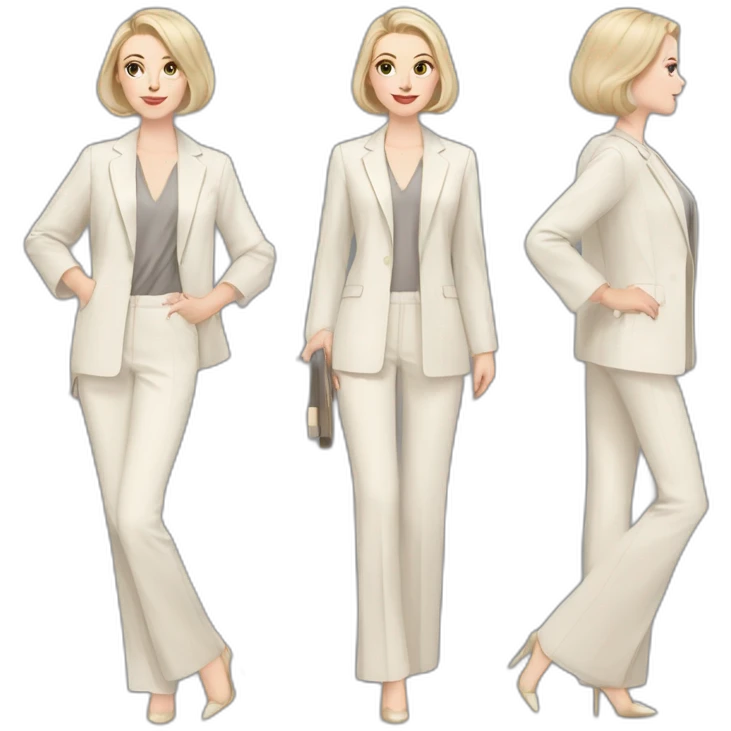 pale skin woman with ash blonde Straightened bob Hair, White Spacious classical jacket, beige palazzo Arrow pants and gray blouse holding a color palettes in the hands emoji