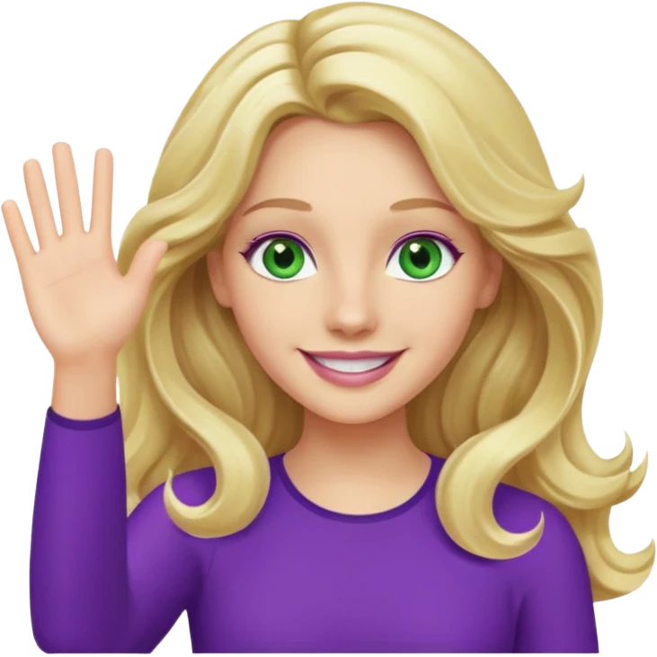 lady with long wavy blonde hair, purple top, green eyes, waving hello emoji