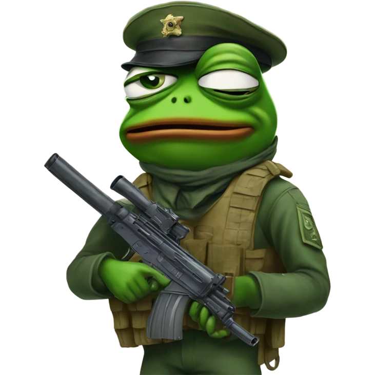 pepe le frog with soldier gear and a gun looking traumatized  emoji
