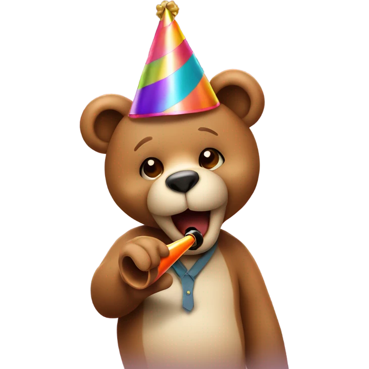 Cute teddy bear wearing a party hat and blowing a party pipe emoji