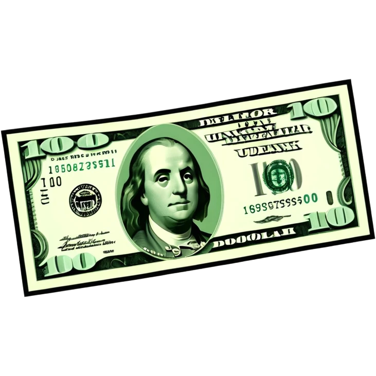 3D realistic US 100 dollar bill sticker, slight perspective, centered, clean cutout, transparent background, no text, no watermark emoji