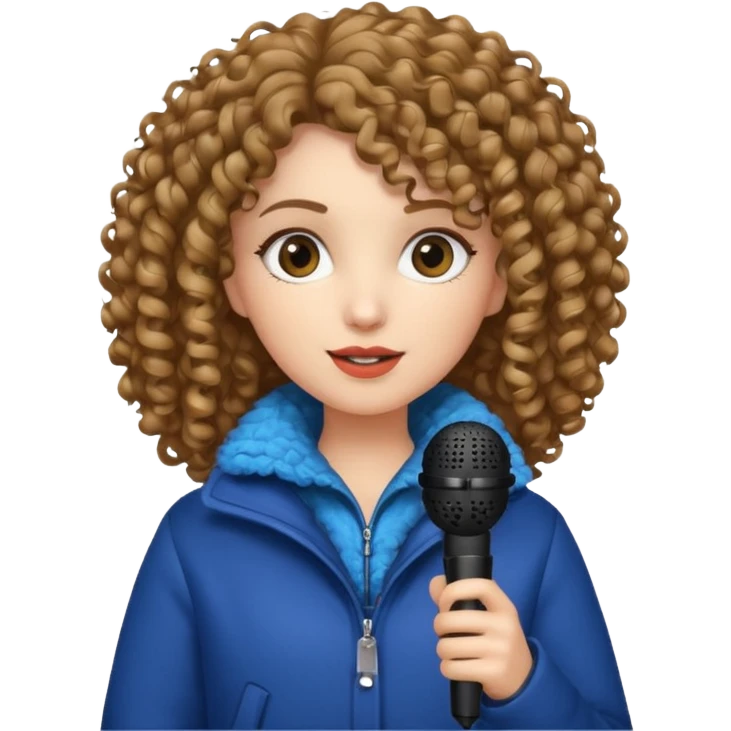 curly haired woman with winter clothes holding microphone emoji