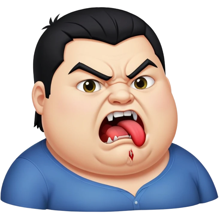chubby young angry man in profile view with black hair, sharp fangs, crossed eyes, exaggerated long tongue sticking out emoji