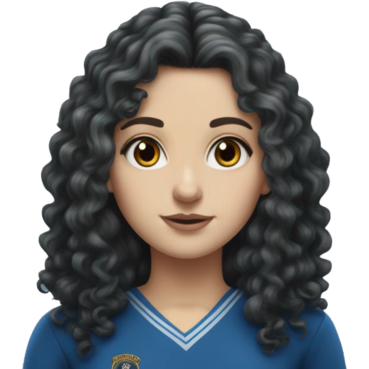 Hyper realistic White girl with long black curly hair wearing a ravenclaw school inform emoji